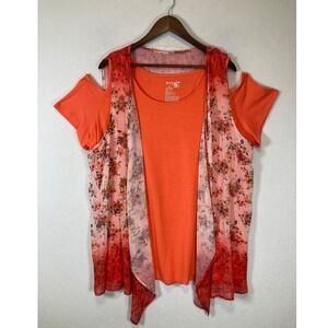 Floral Boho Terra & Sky Women 1X Coral Fire Cold Shoulder Layered Top TS28645